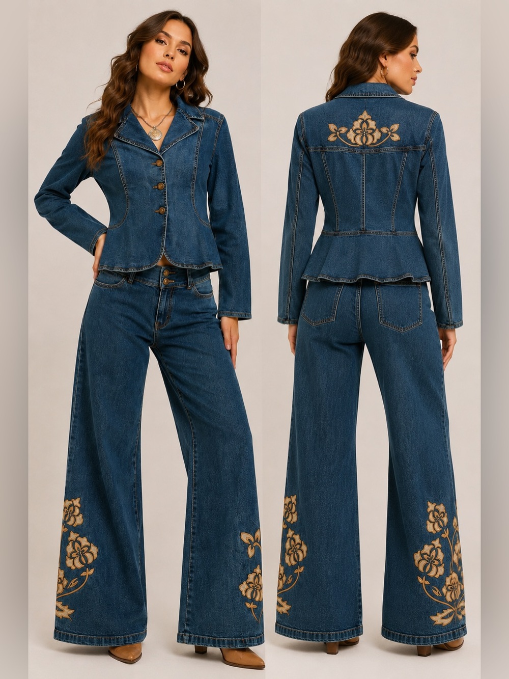 Vintage Laura G Embroidered Denim Jacket & Wide Leg Jeans Set Size 12 Y2K Boho